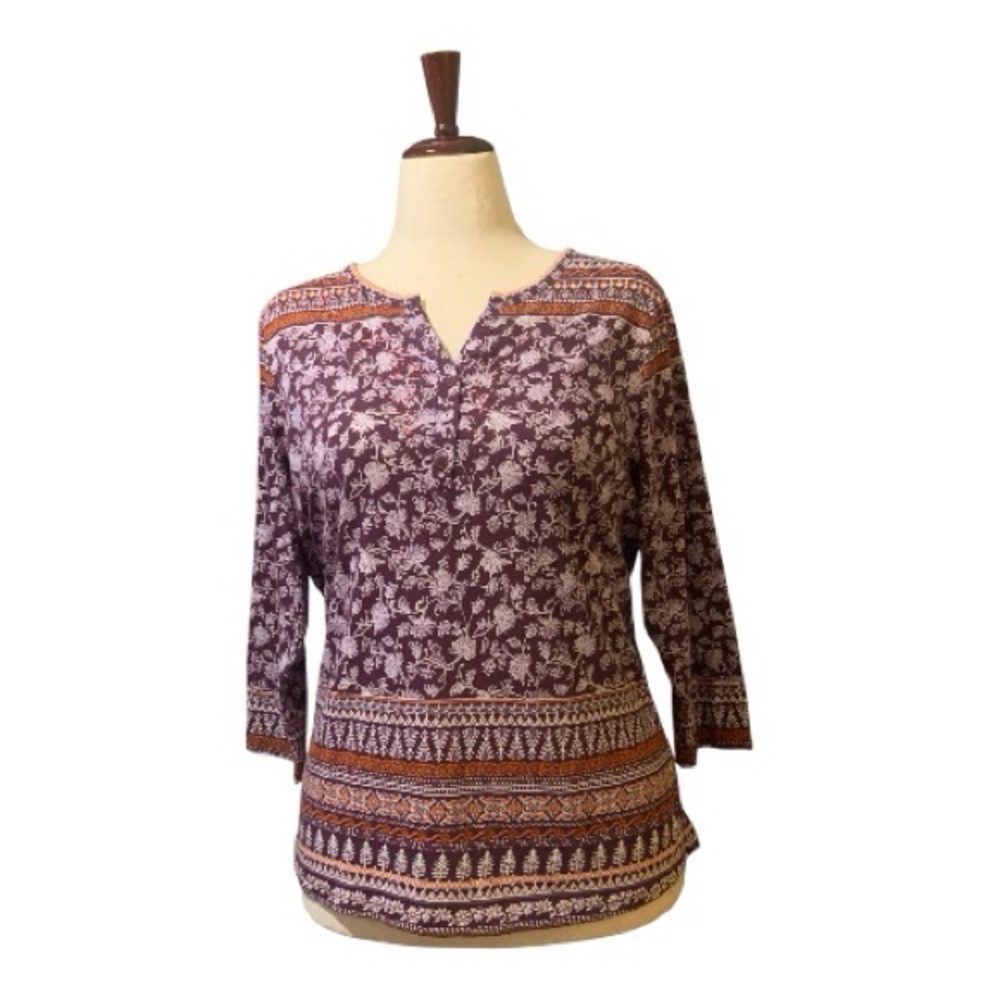 Rebecca Malone Plum Burgundy Orange Tunic Blouse Shirt Top Floral V-Neck Size L